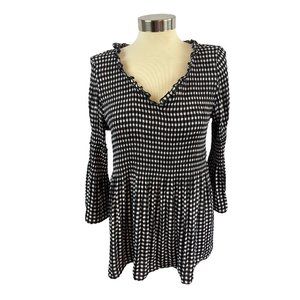 Large Charlie B. Women's Black White Gingham Flounce Blouse V-Neck